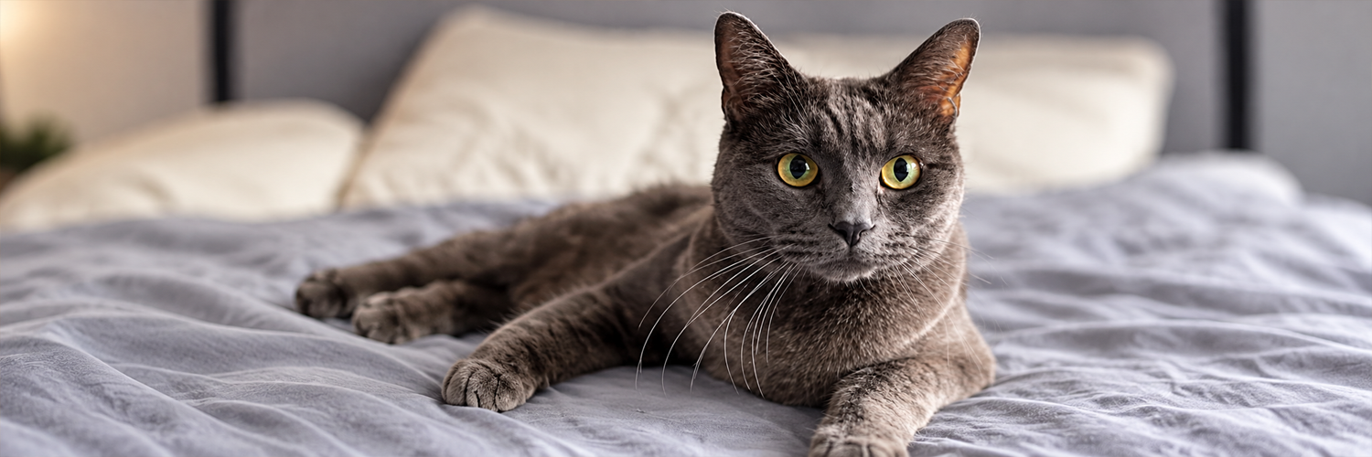 Moritz The Grok Cat, a grey cat with golden eyes lying on a bed